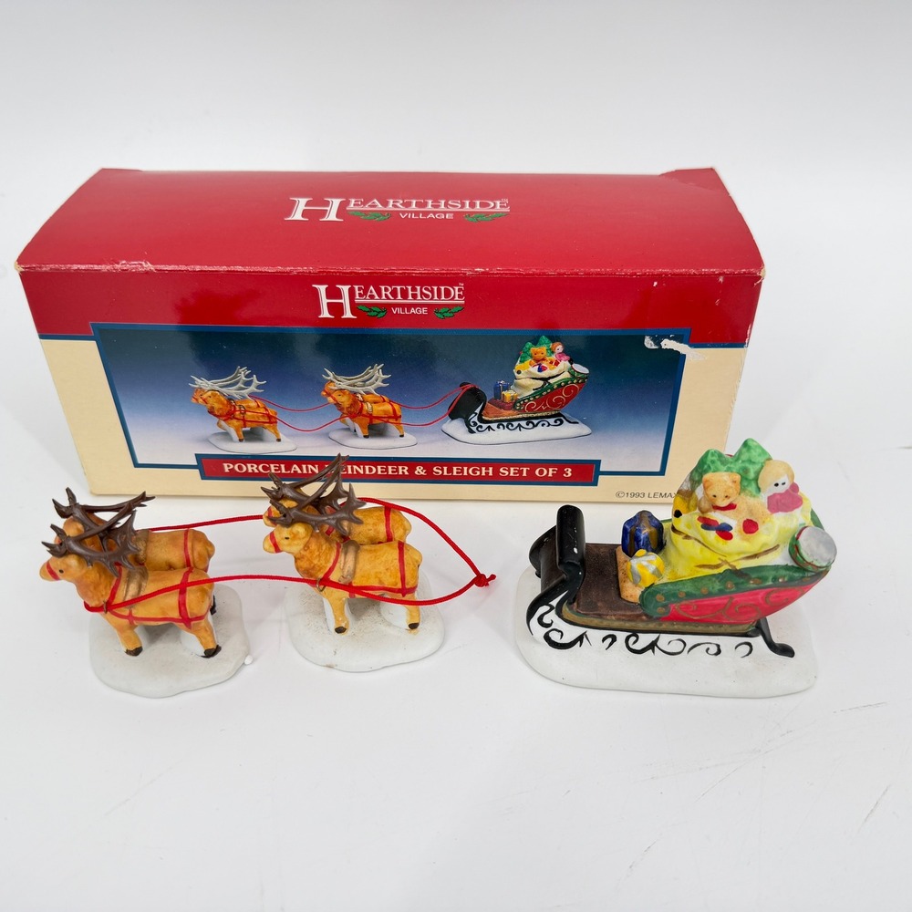 1993 Lemax‎ Hearthside Village Porcelain Reindeer & Sleigh Set of 3